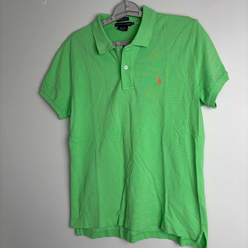 RALPH LAUREN The Skinny Polo Womens XL Green Collar Short Sleeve 100% Cotton